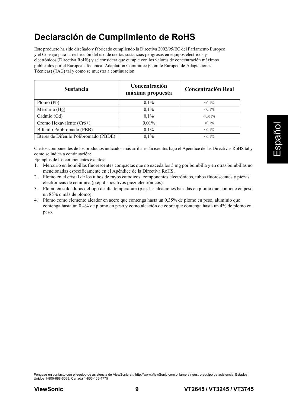 Declaración de cumplimiento de rohs, Esp añol | VIEWSONIC VT3745 User Manual | Page 15 / 55