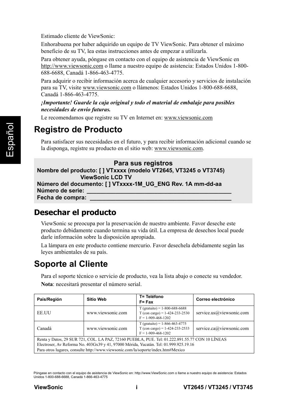 Esp añol, Registro de producto, Soporte al cliente | Desechar el producto, Para sus registros | VIEWSONIC VT3745 User Manual | Page 2 / 55