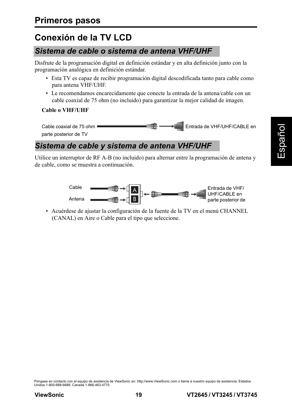 Conexión de la tv lcd, Esp añol, Primeros pasos | Sistema de cable o sistema de antena vhf/uhf, Sistema de cable y sistema de antena vhf/uhf | VIEWSONIC VT3745 User Manual | Page 25 / 55