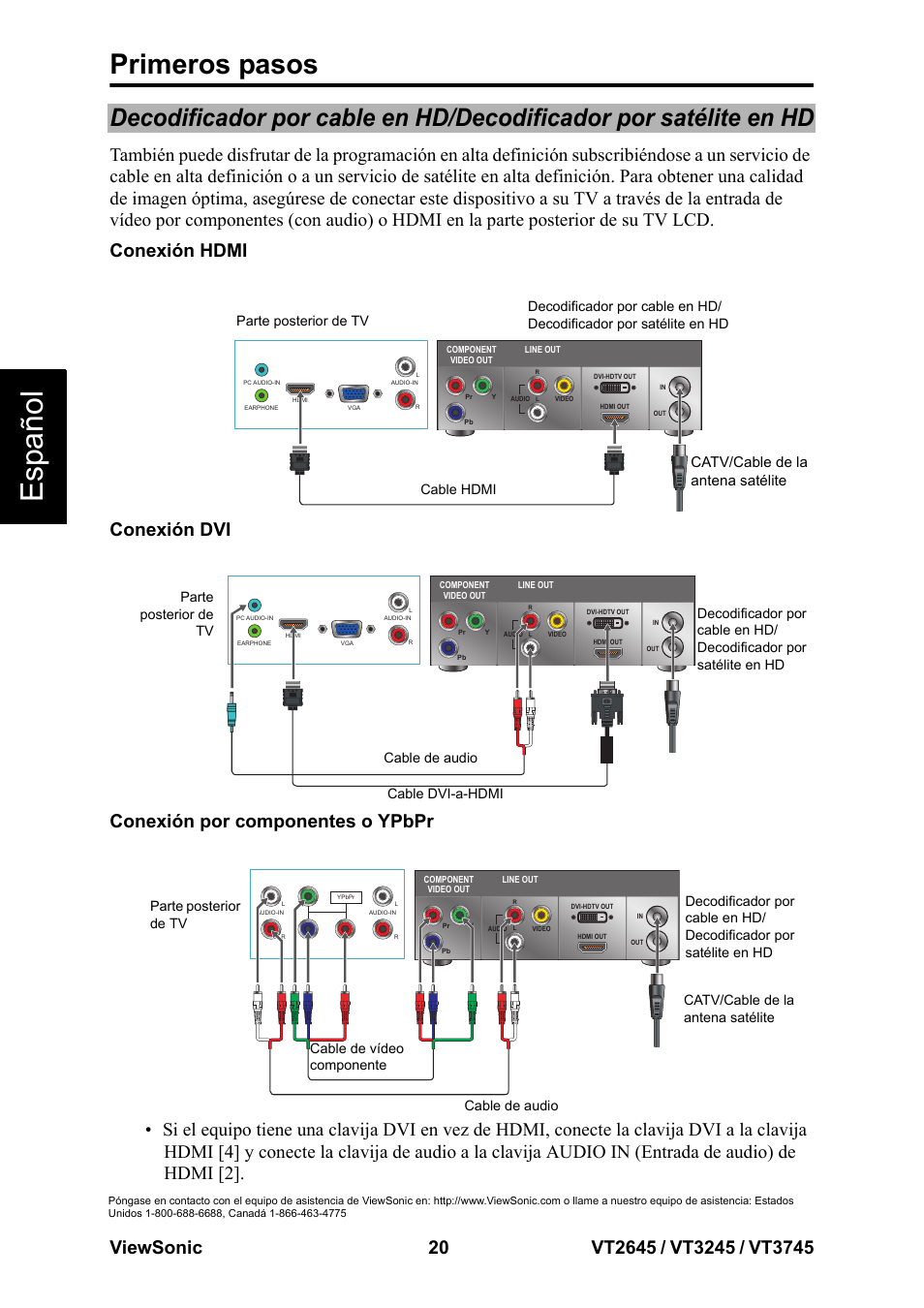 Esp añol, Primeros pasos, Catv/cable de la antena satélite | VIEWSONIC VT3745 User Manual | Page 26 / 55