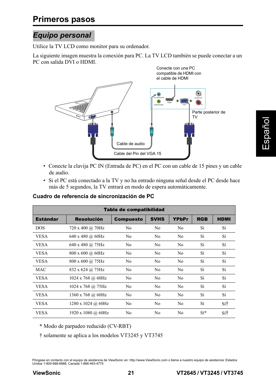 Equipo personal, Esp añol, Primeros pasos | VIEWSONIC VT3745 User Manual | Page 27 / 55