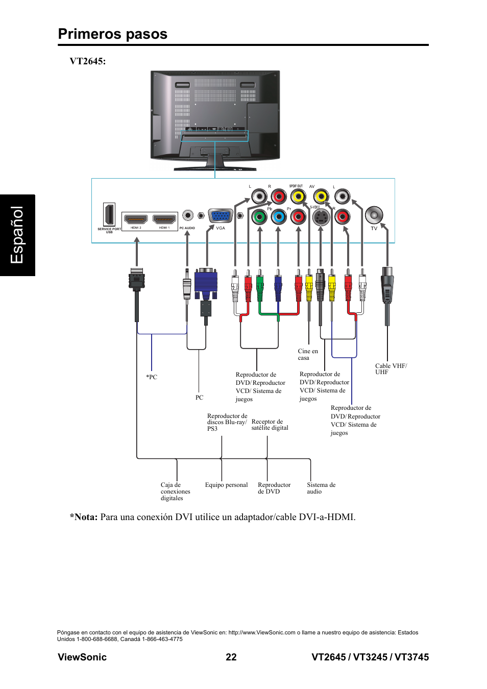 Esp añol, Primeros pasos | VIEWSONIC VT3745 User Manual | Page 28 / 55