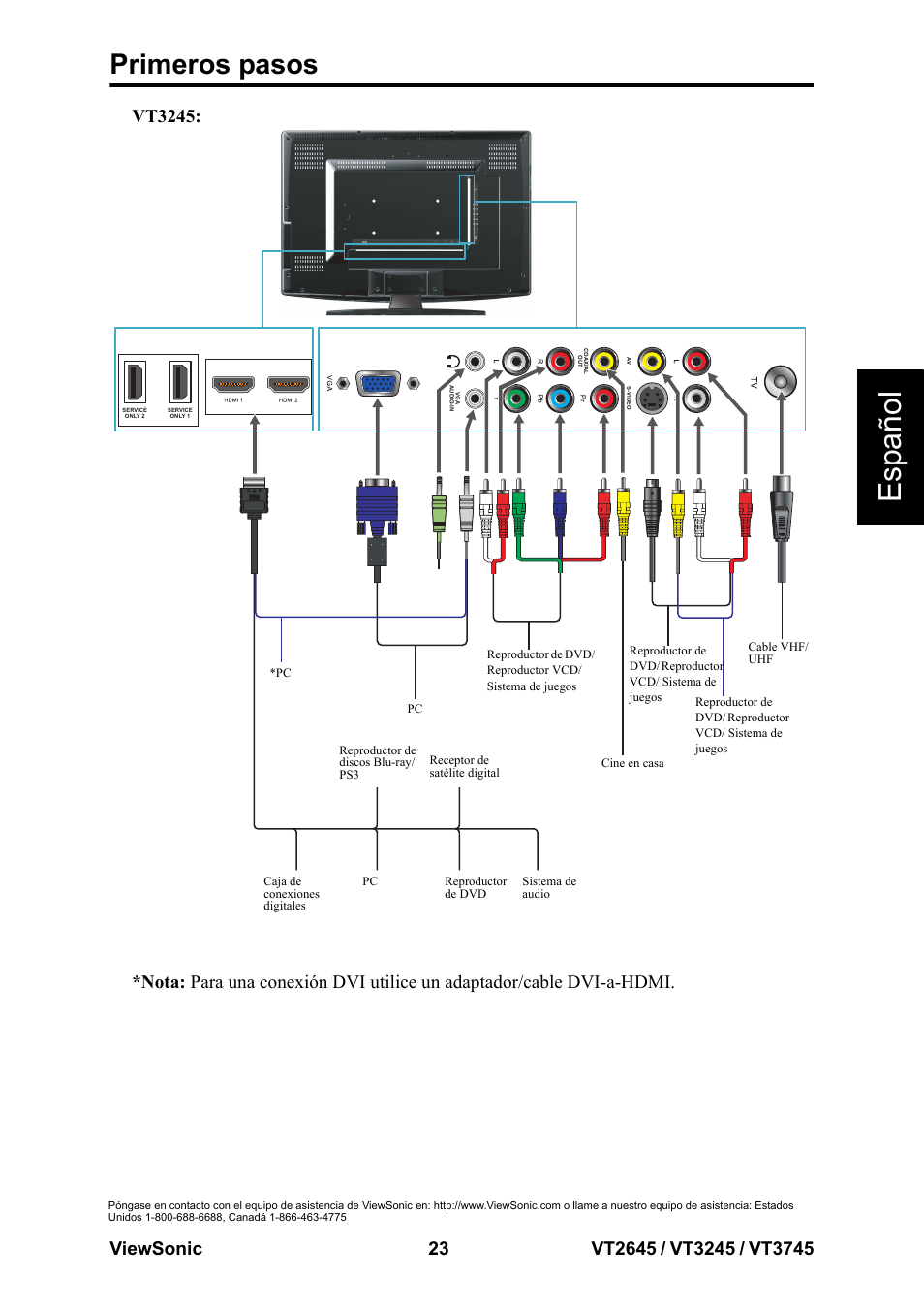 Esp añol, Primeros pasos | VIEWSONIC VT3745 User Manual | Page 29 / 55
