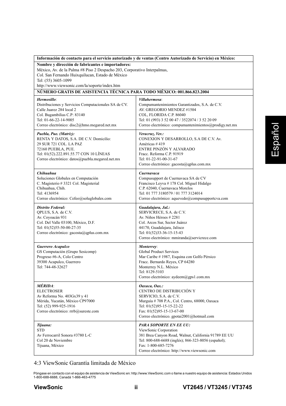 Esp a ñol | VIEWSONIC VT3745 User Manual | Page 3 / 55