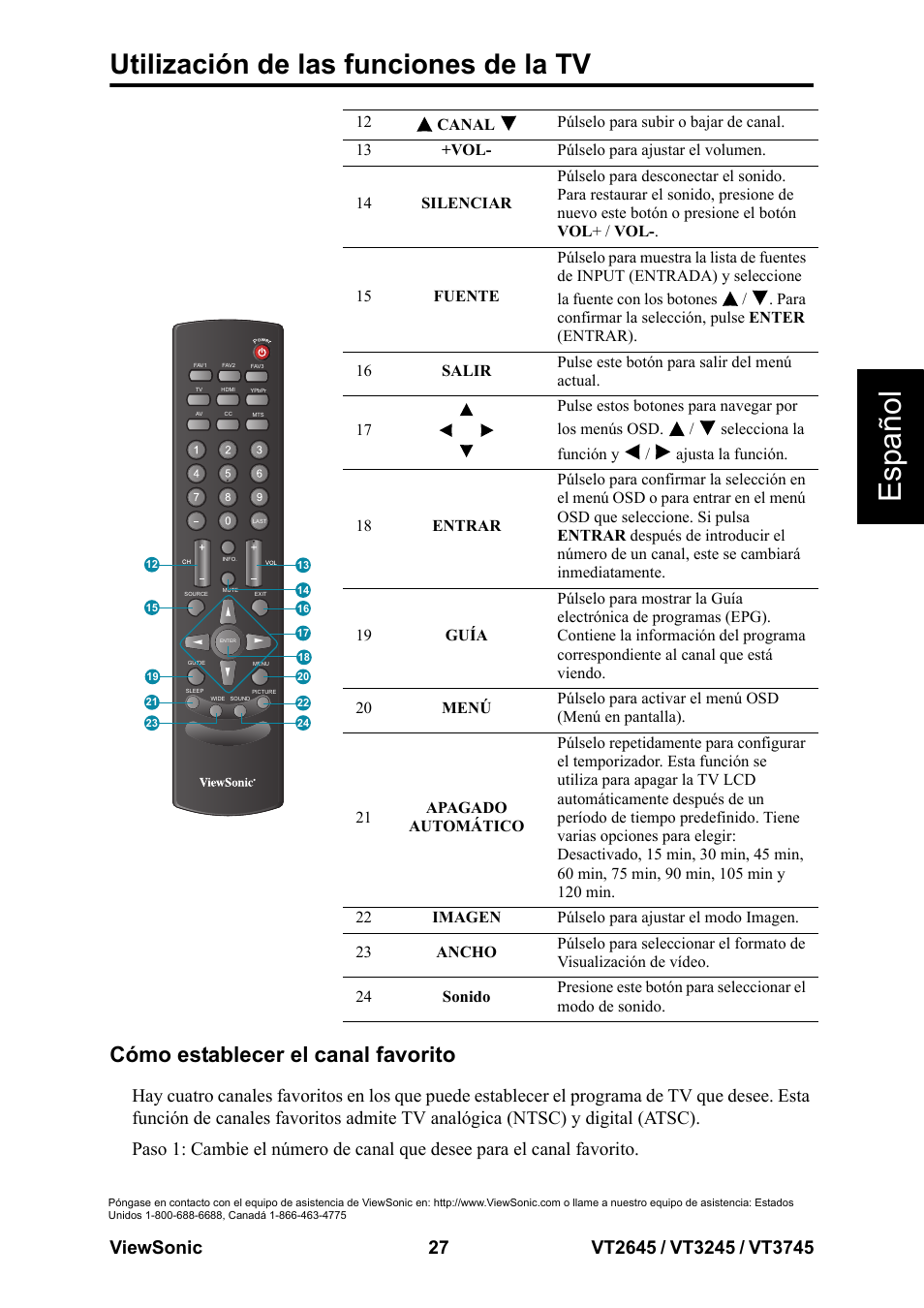 Esp añol, Utilización de las funciones de la tv, Cómo establecer el canal favorito | VIEWSONIC VT3745 User Manual | Page 33 / 55