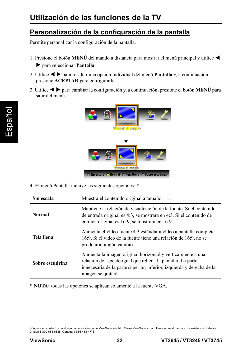 Esp añol, Utilización de las funciones de la tv, Personalización de la configuración de la pantalla | VIEWSONIC VT3745 User Manual | Page 38 / 55