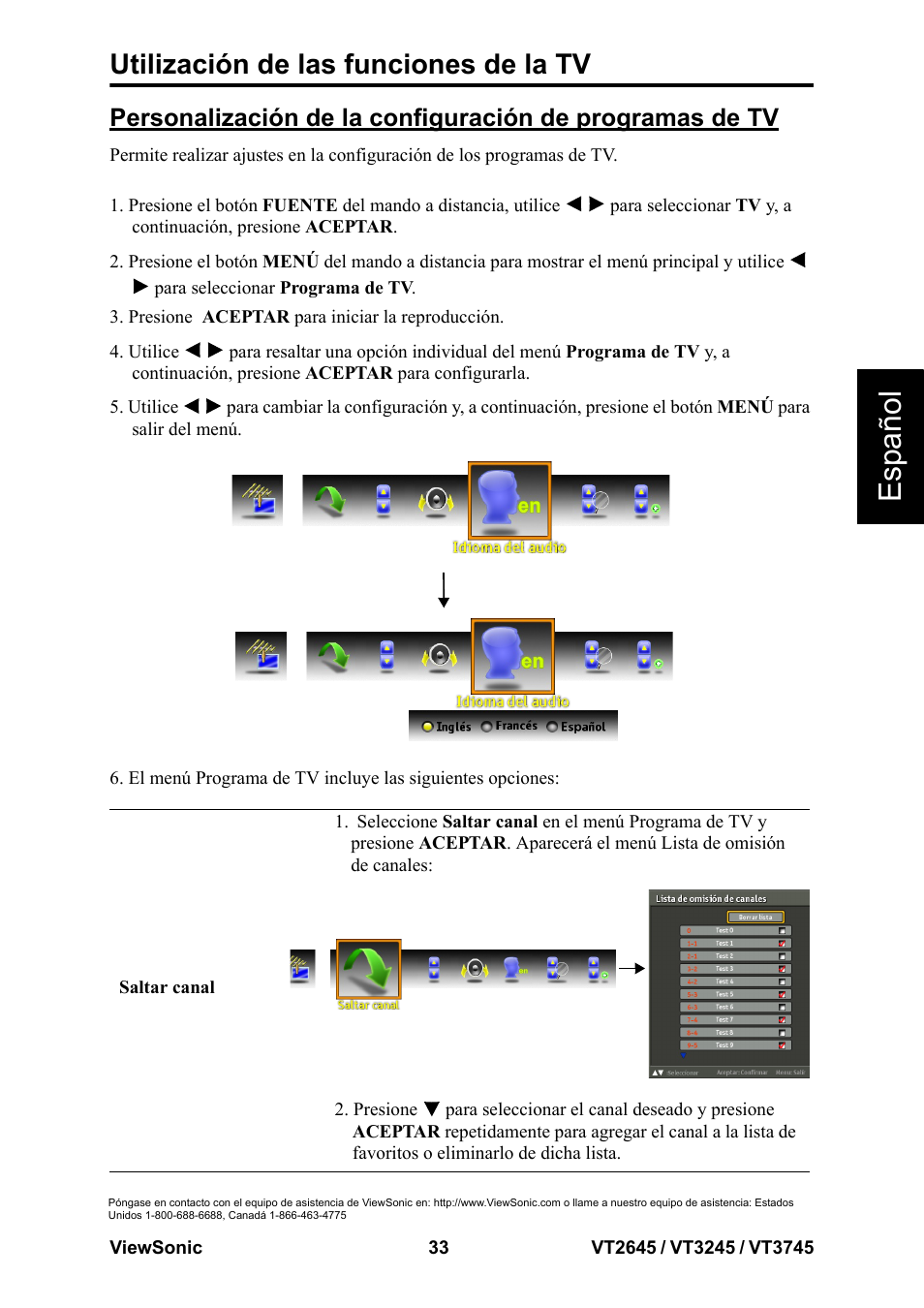 Esp añol, Utilización de las funciones de la tv | VIEWSONIC VT3745 User Manual | Page 39 / 55