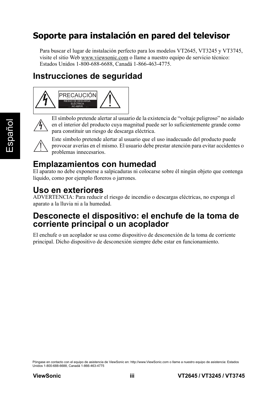 Esp añol, Soporte para instalación en pared del televisor, Instrucciones de seguridad | Emplazamientos con humedad, Uso en exteriores | VIEWSONIC VT3745 User Manual | Page 4 / 55