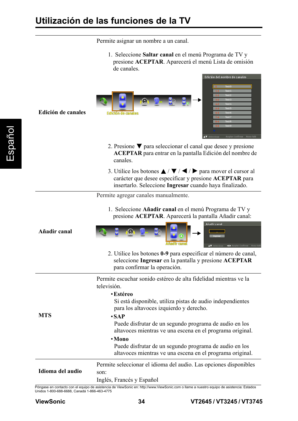 Esp añol, Utilización de las funciones de la tv | VIEWSONIC VT3745 User Manual | Page 40 / 55