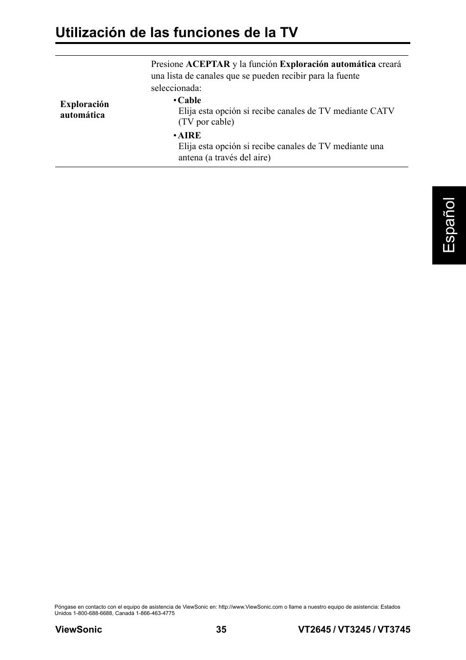 Esp añol, Utilización de las funciones de la tv | VIEWSONIC VT3745 User Manual | Page 41 / 55