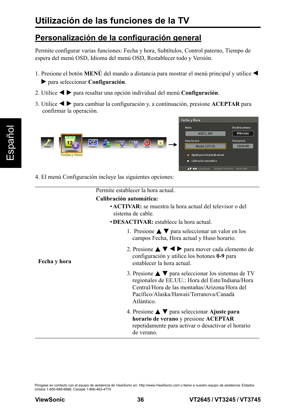 Esp añol, Utilización de las funciones de la tv, Personalización de la configuración general | VIEWSONIC VT3745 User Manual | Page 42 / 55