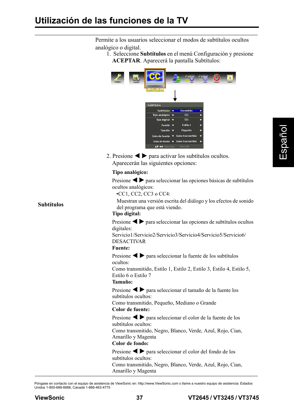 Esp añol, Utilización de las funciones de la tv | VIEWSONIC VT3745 User Manual | Page 43 / 55
