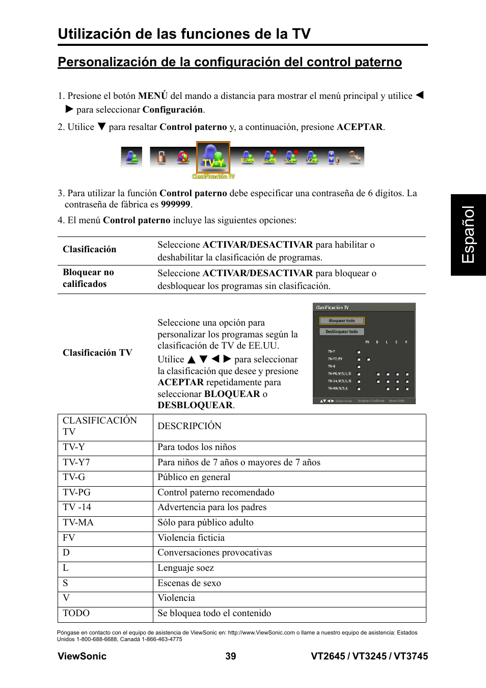 Esp añol, Utilización de las funciones de la tv | VIEWSONIC VT3745 User Manual | Page 45 / 55
