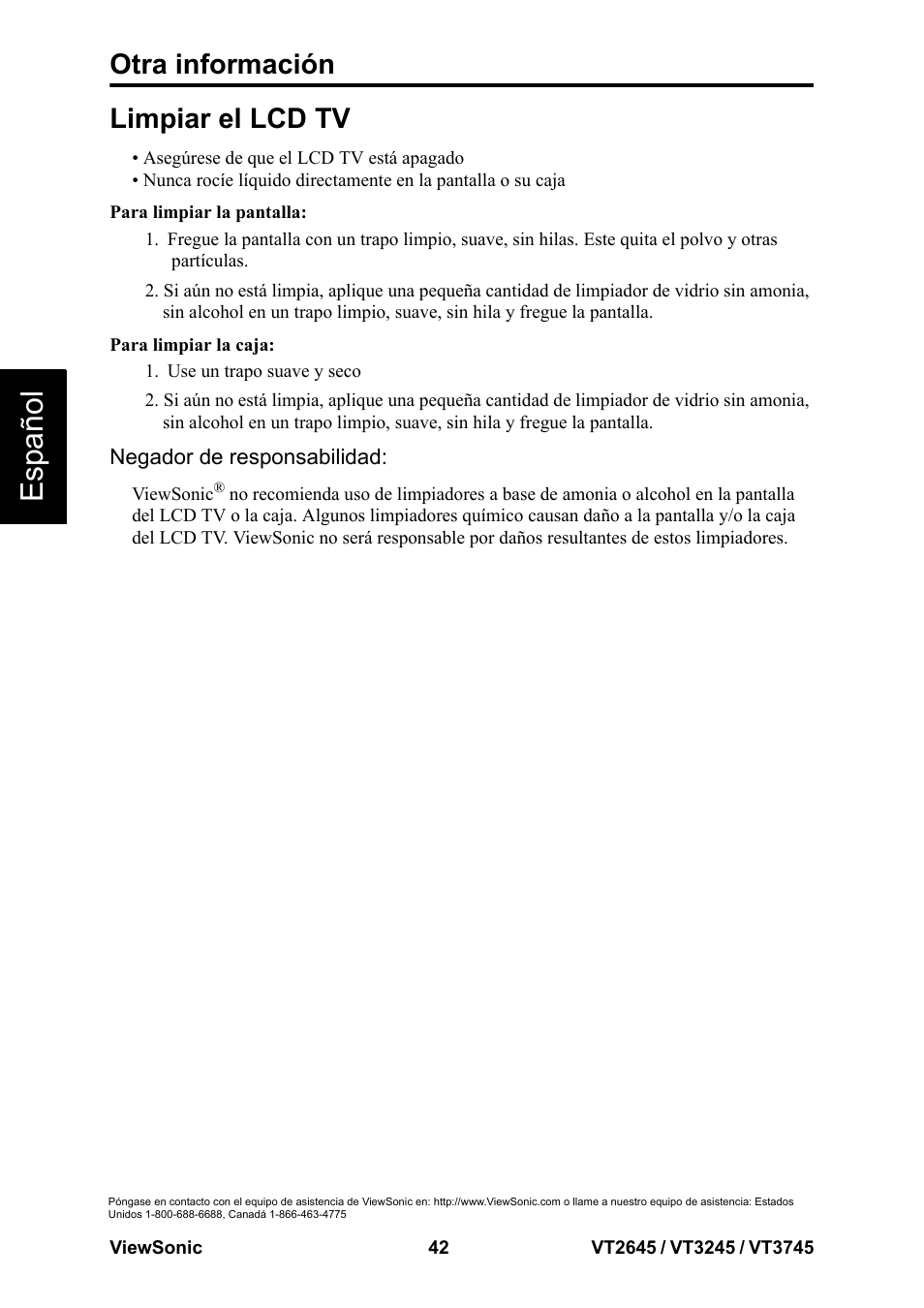 Limpiar el lcd tv, Esp añol, Otra información | VIEWSONIC VT3745 User Manual | Page 48 / 55