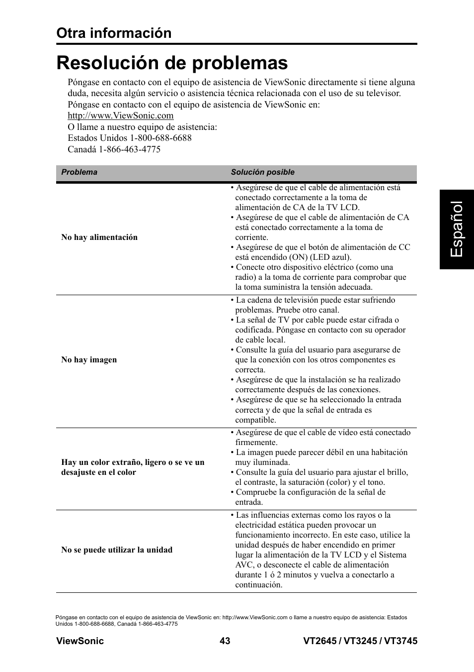 Resolución de problemas, Esp añol, Otra información | VIEWSONIC VT3745 User Manual | Page 49 / 55