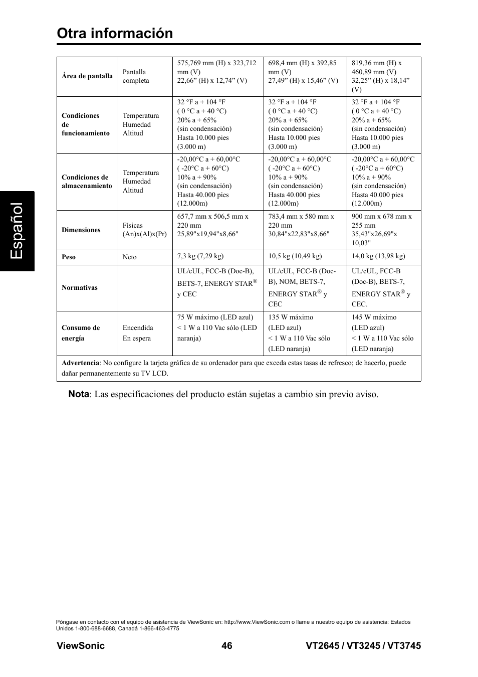 Esp añol, Otra información | VIEWSONIC VT3745 User Manual | Page 52 / 55