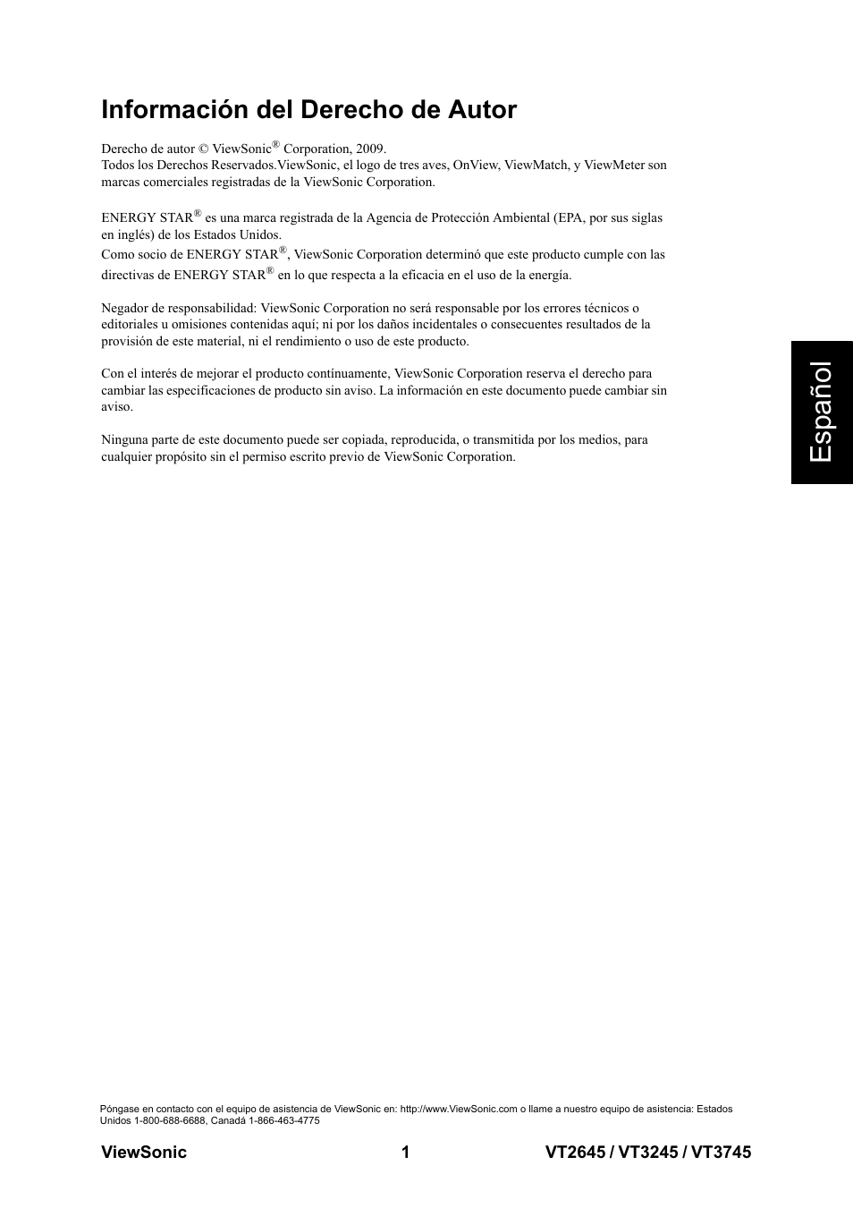 Información del derecho de autor, Esp añol | VIEWSONIC VT3745 User Manual | Page 7 / 55