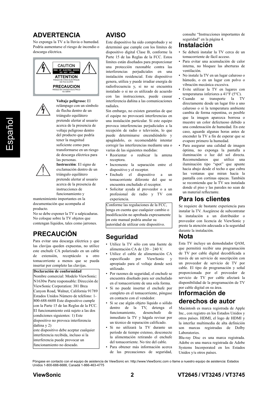 Advertencia, Esp añol, Precaución | Aviso, Seguridad, Instalación, Para los clientes, Nota, Información de derechos de autor | VIEWSONIC VT3745 User Manual | Page 8 / 55