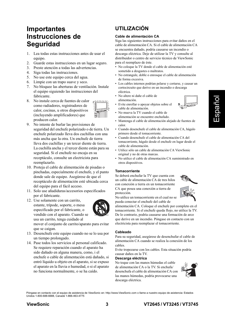 Importantes instrucciones de seguridad utilización, Esp añol, Importantes instrucciones de seguridad | Utilización | VIEWSONIC VT3745 User Manual | Page 9 / 55
