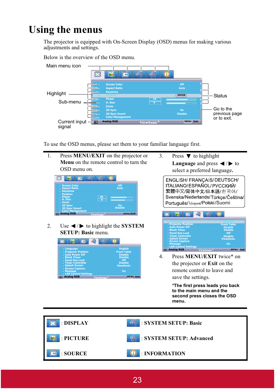 Using the menus, Status | VIEWSONIC DLP PROJECTOR PJD7400 User Manual | Page 28 / 82
