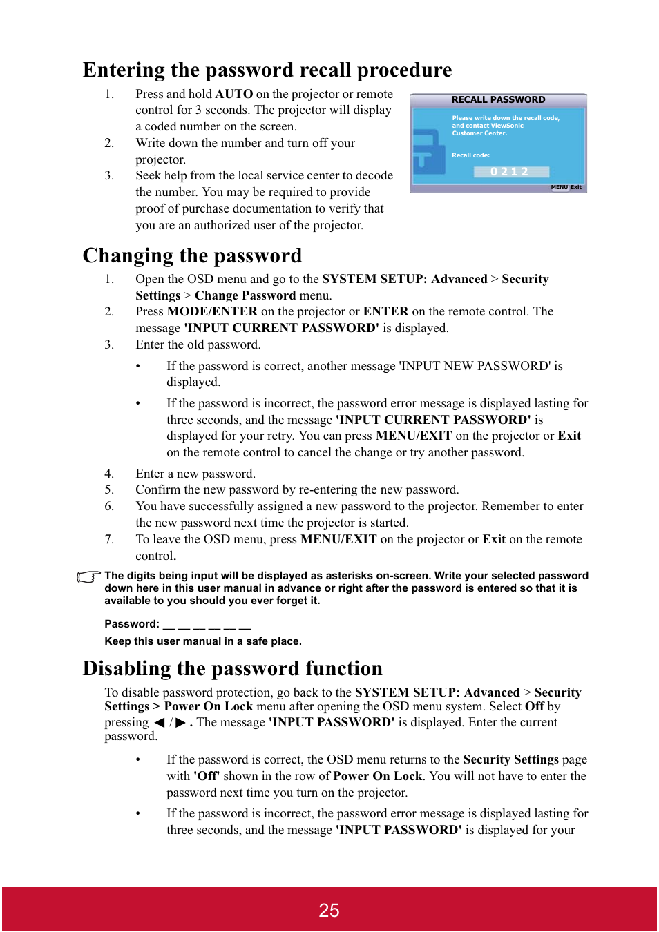 Entering the password recall procedure, Changing the password, Disabling the password function | VIEWSONIC DLP PROJECTOR PJD7400 User Manual | Page 30 / 82