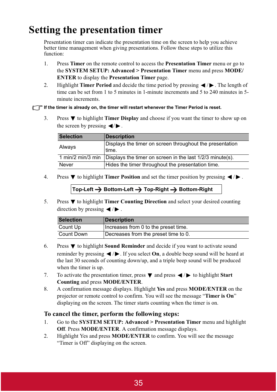 Setting the presentation timer | VIEWSONIC DLP PROJECTOR PJD7400 User Manual | Page 40 / 82