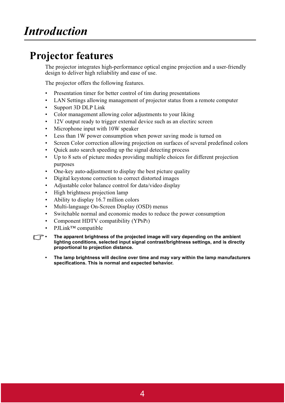 Introduction, Projector features | VIEWSONIC DLP PROJECTOR PJD7400 User Manual | Page 9 / 82