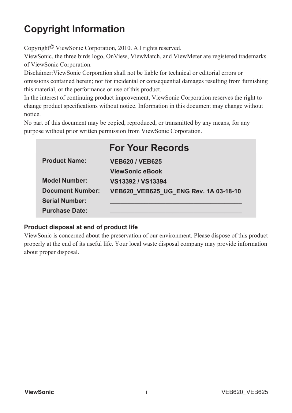 Copyright information, For your records | VIEWSONIC EBOOK VS13394 User Manual | Page 2 / 49