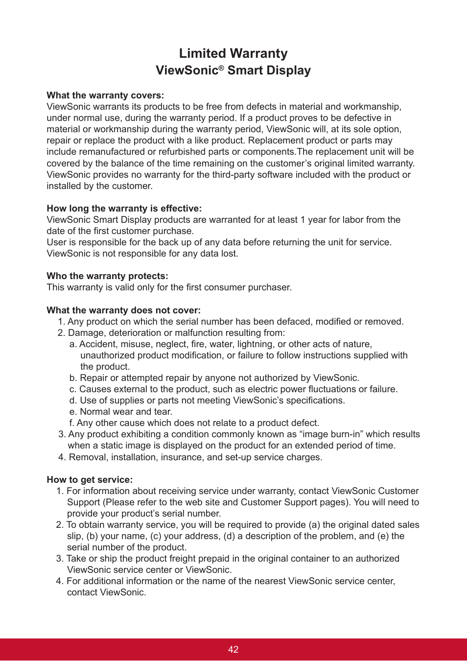 Limited warranty, Viewsonic, Smart display | VIEWSONIC Smart Display VSD220 User Manual | Page 52 / 57
