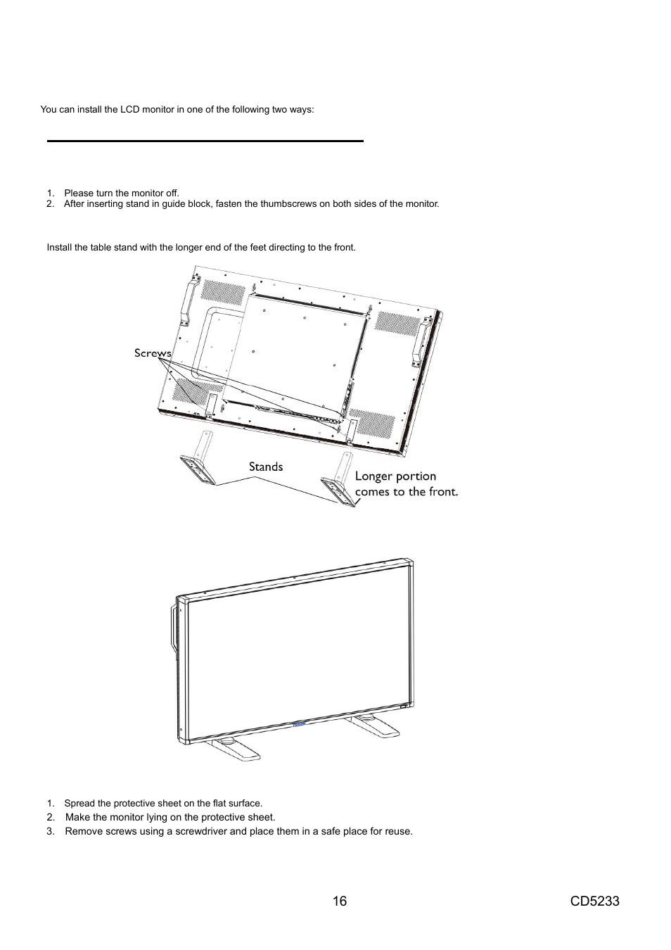 How to mount and attach feet to the lcd monitor | VIEWSONIC CD5233 User Manual | Page 18 / 52