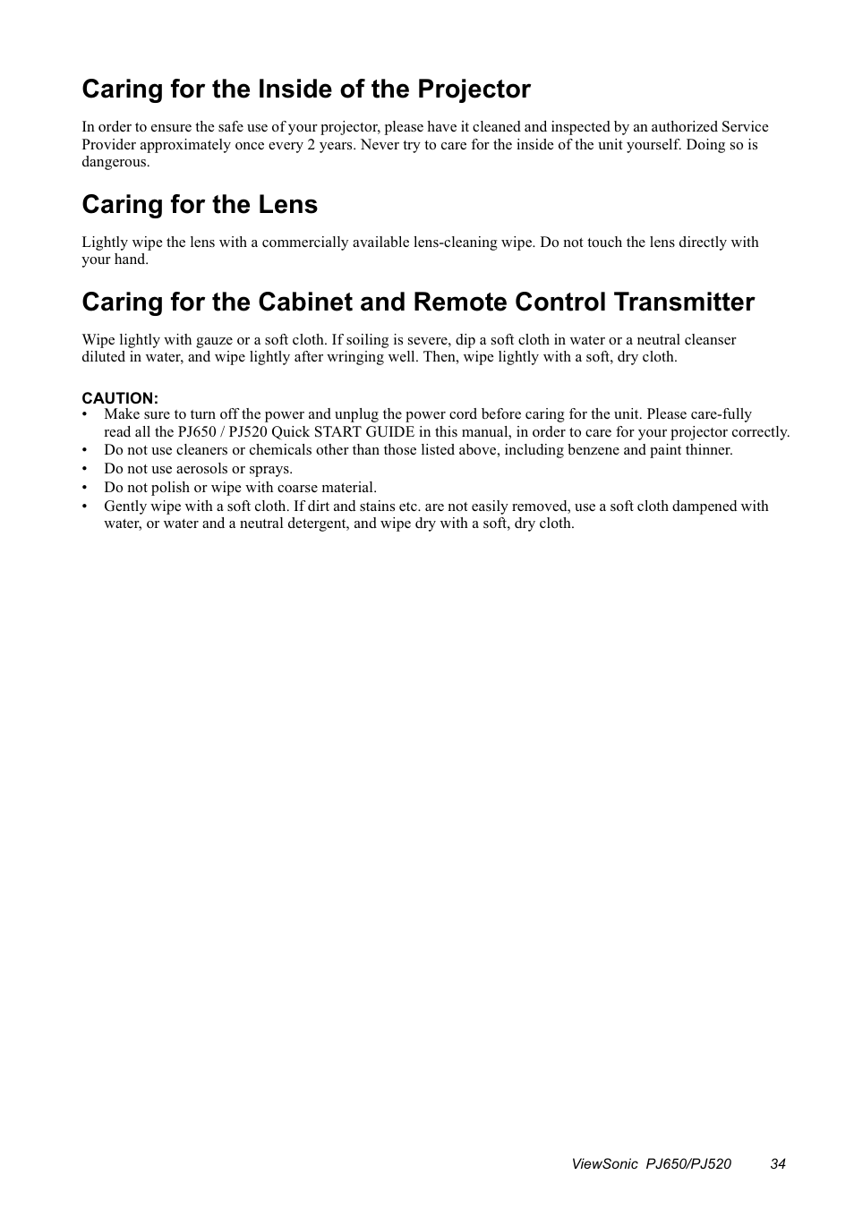 Caring for the inside of the projector, Caring for the lens | VIEWSONIC PJ650/PJ520 User Manual | Page 37 / 46