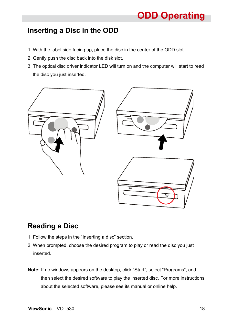 Odd operating, Inserting a disc in the odd, Reading a disc | VIEWSONIC VS12661 User Manual | Page 24 / 49