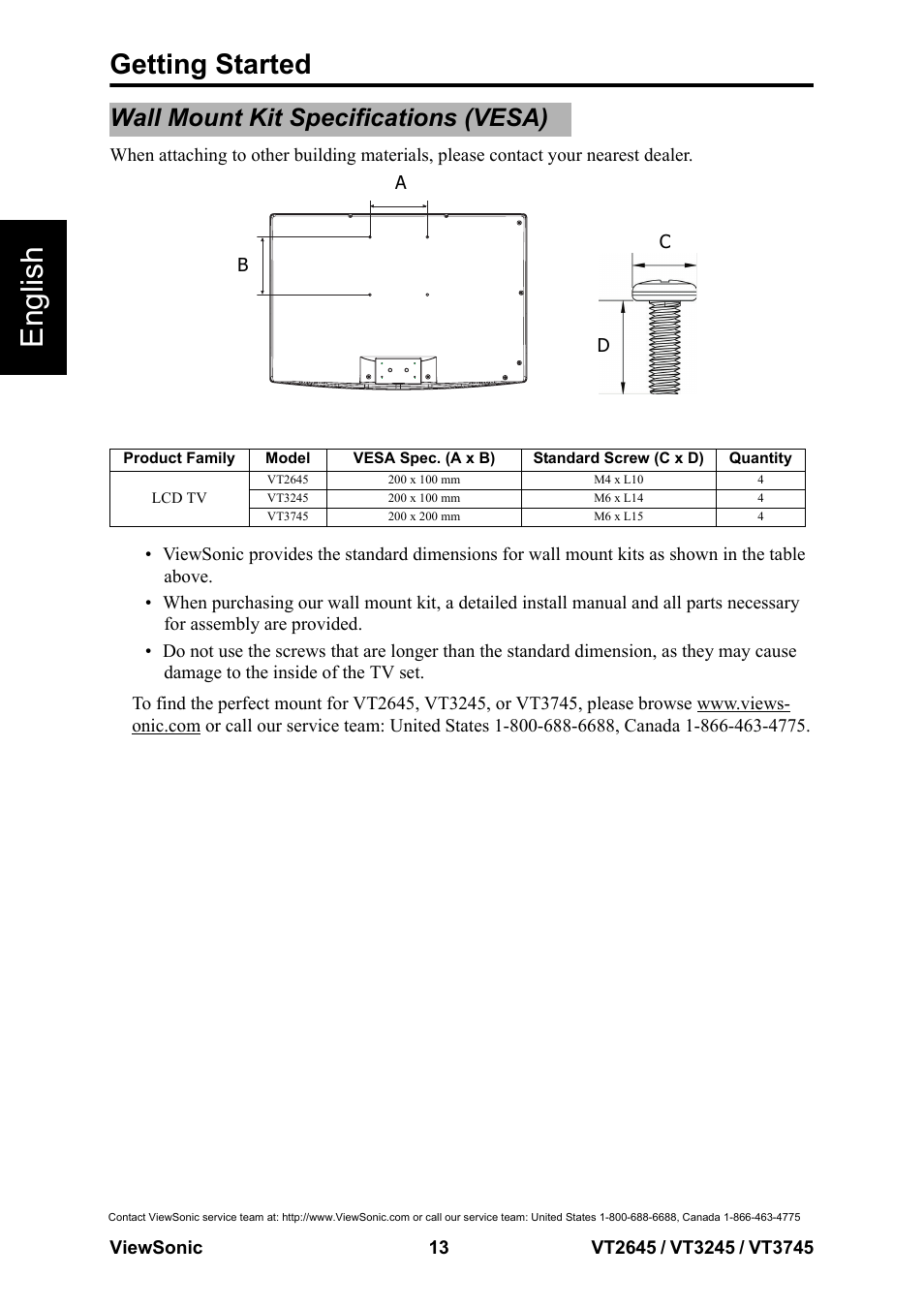Wall mount kit specifications (vesa), English, Getting started | VIEWSONIC VS12675-1M User Manual | Page 19 / 55