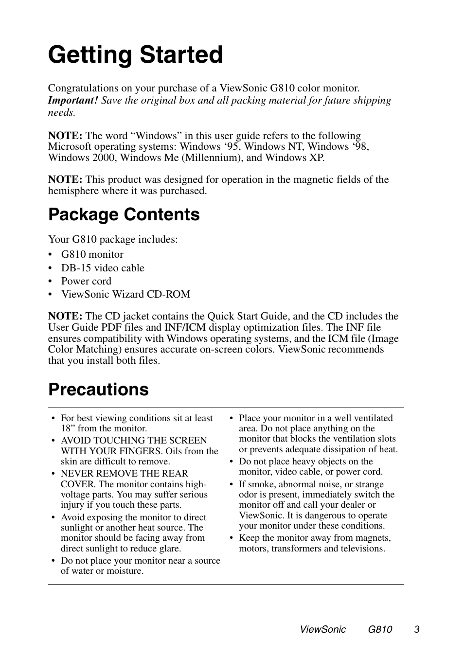 Getting started, Package contents, Precautions | VIEWSONIC G810 User Manual | Page 4 / 20