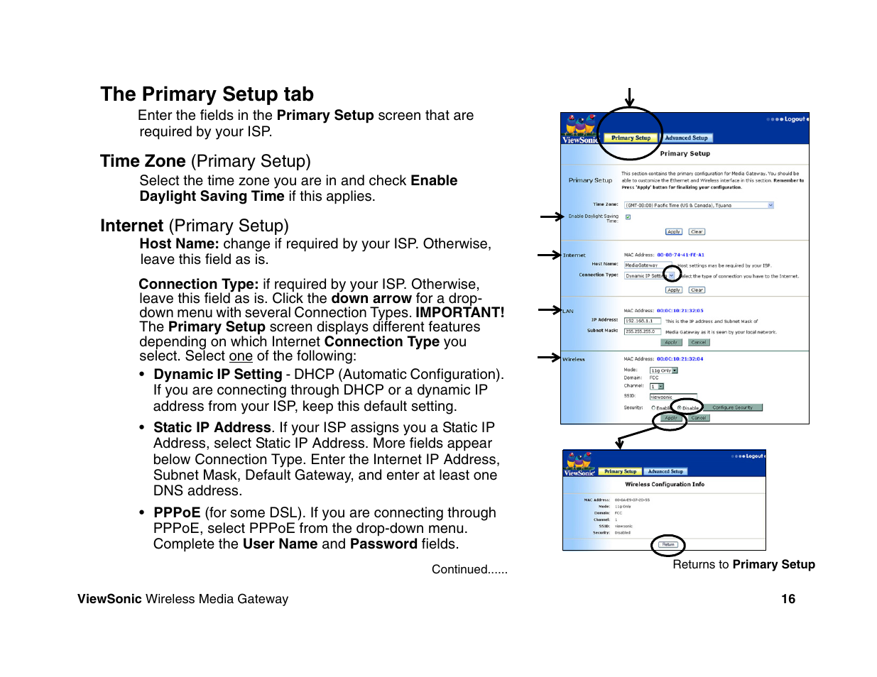 The primary setup tab | VIEWSONIC Wireless Media Gateway WMG80 User Manual | Page 22 / 105
