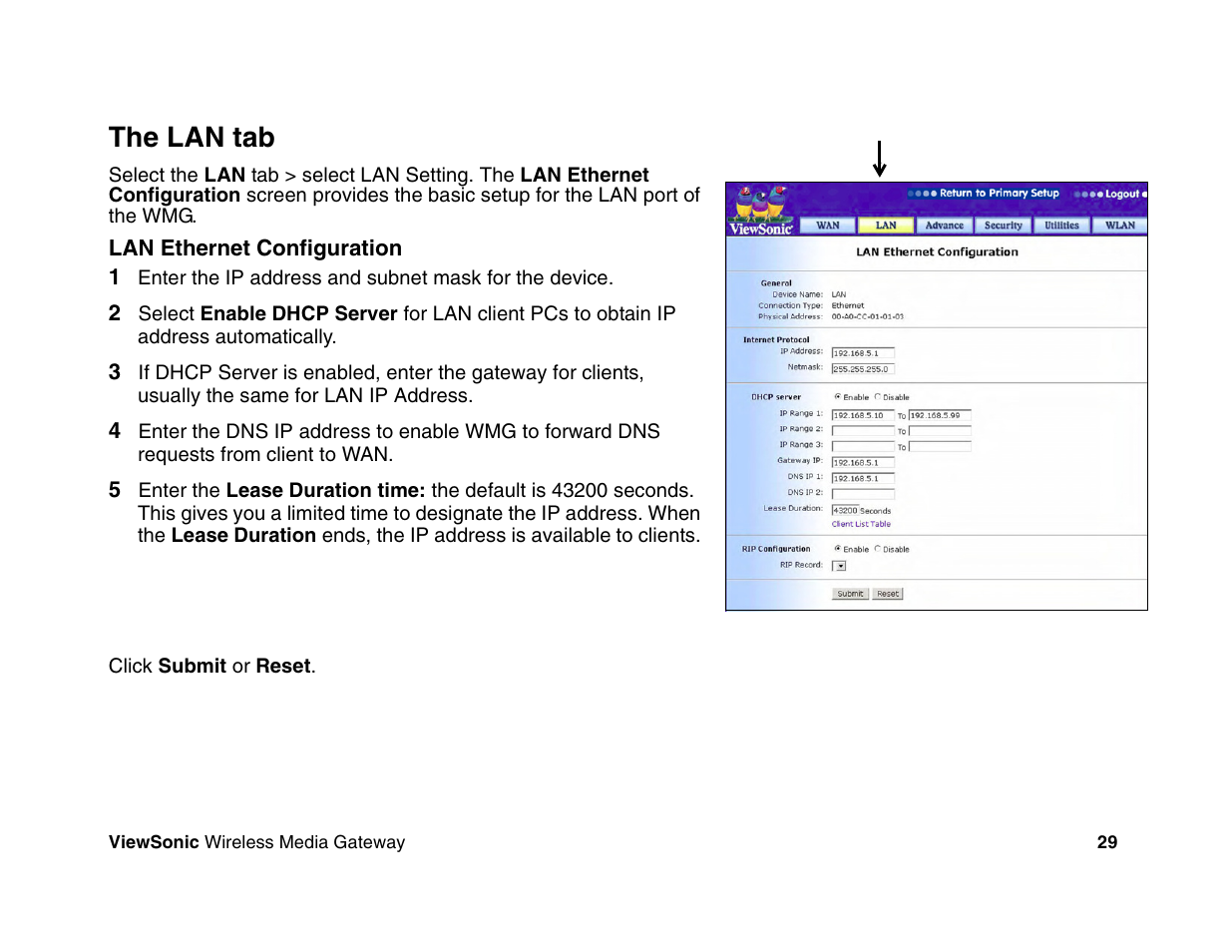 The lan tab | VIEWSONIC Wireless Media Gateway WMG80 User Manual | Page 35 / 105