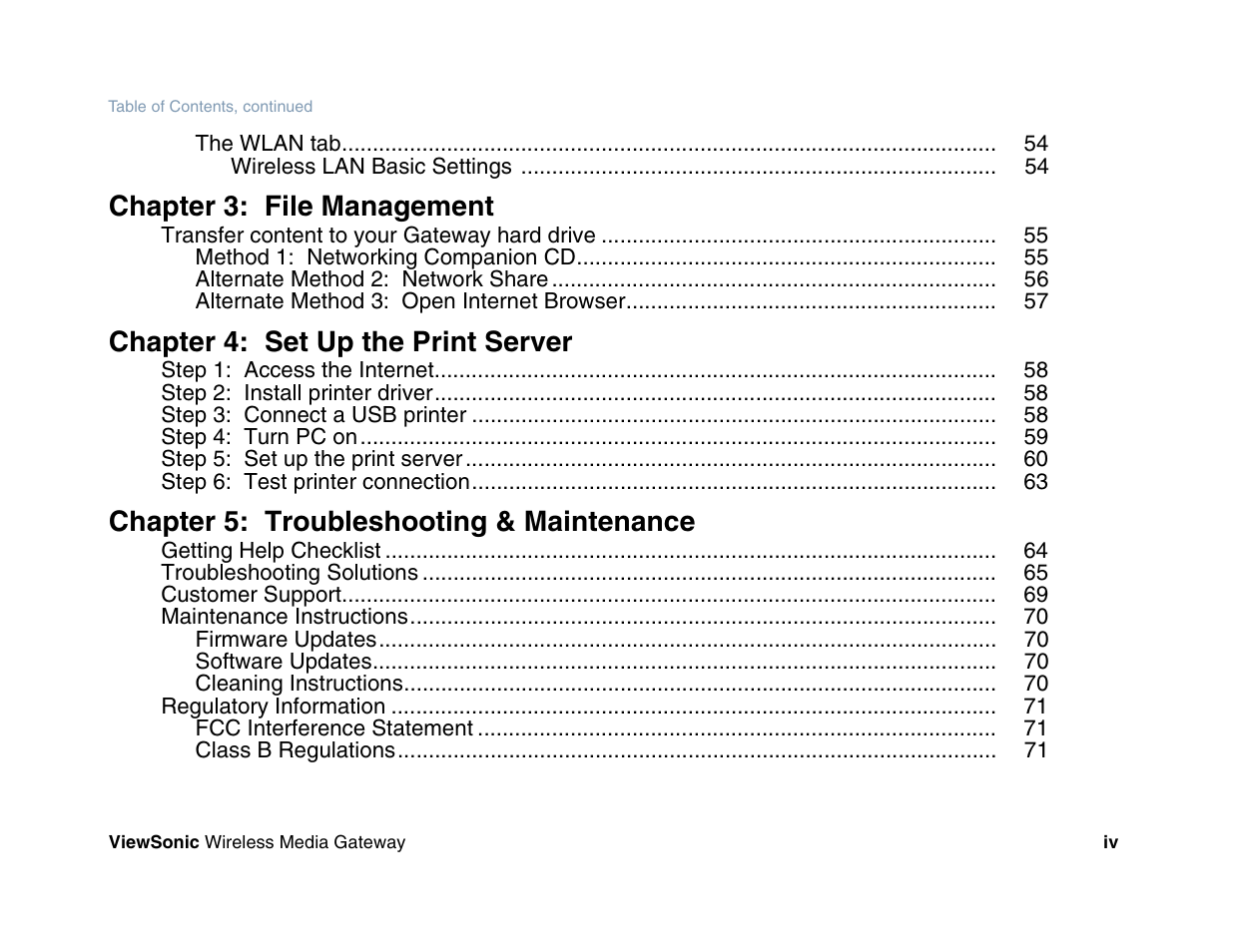 Chapter 3: file management, Chapter 4: set up the print server, Chapter 5: troubleshooting & maintenance | VIEWSONIC Wireless Media Gateway WMG80 User Manual | Page 5 / 105