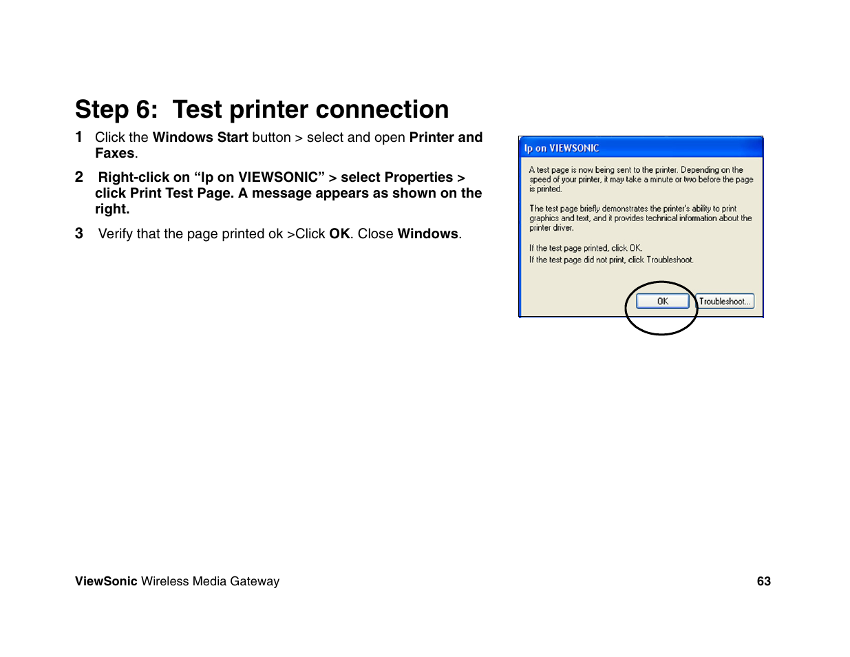 Step 6: test printer connection | VIEWSONIC Wireless Media Gateway WMG80 User Manual | Page 69 / 105