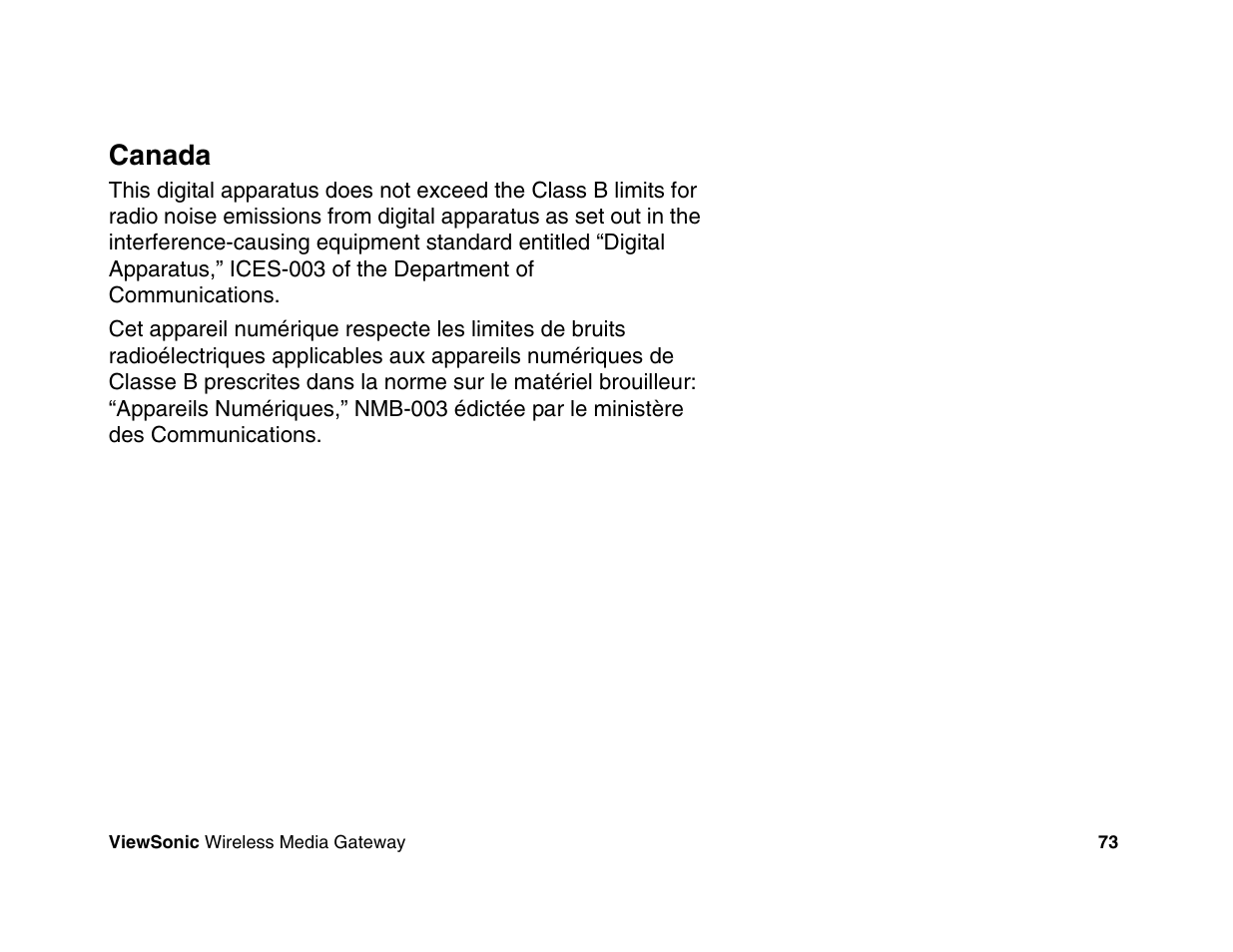 Canada | VIEWSONIC Wireless Media Gateway WMG80 User Manual | Page 79 / 105