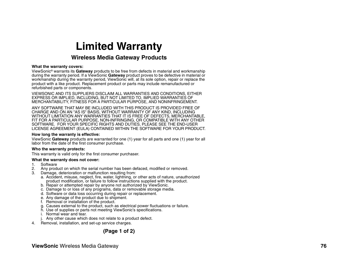 Limited warranty, Wireless media gateway products | VIEWSONIC Wireless Media Gateway WMG80 User Manual | Page 82 / 105