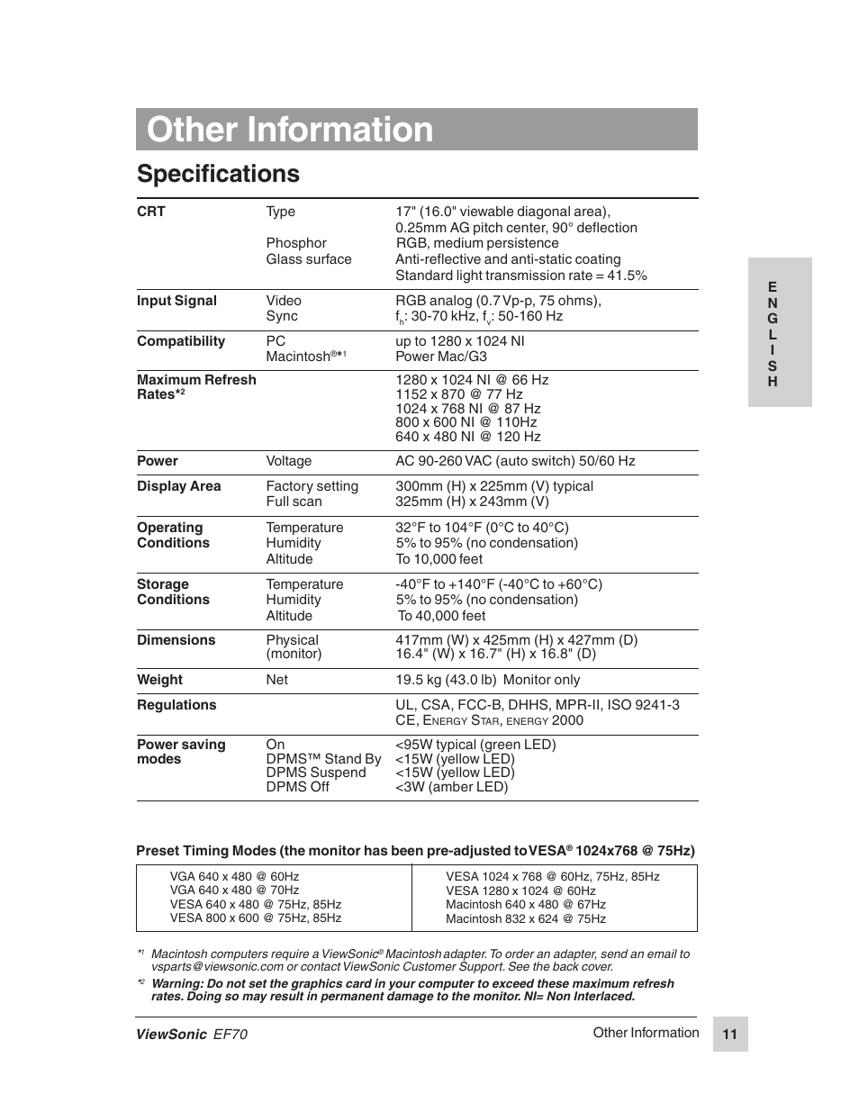 Other information, Specifications | VIEWSONIC EF70 User Manual | Page 12 / 16