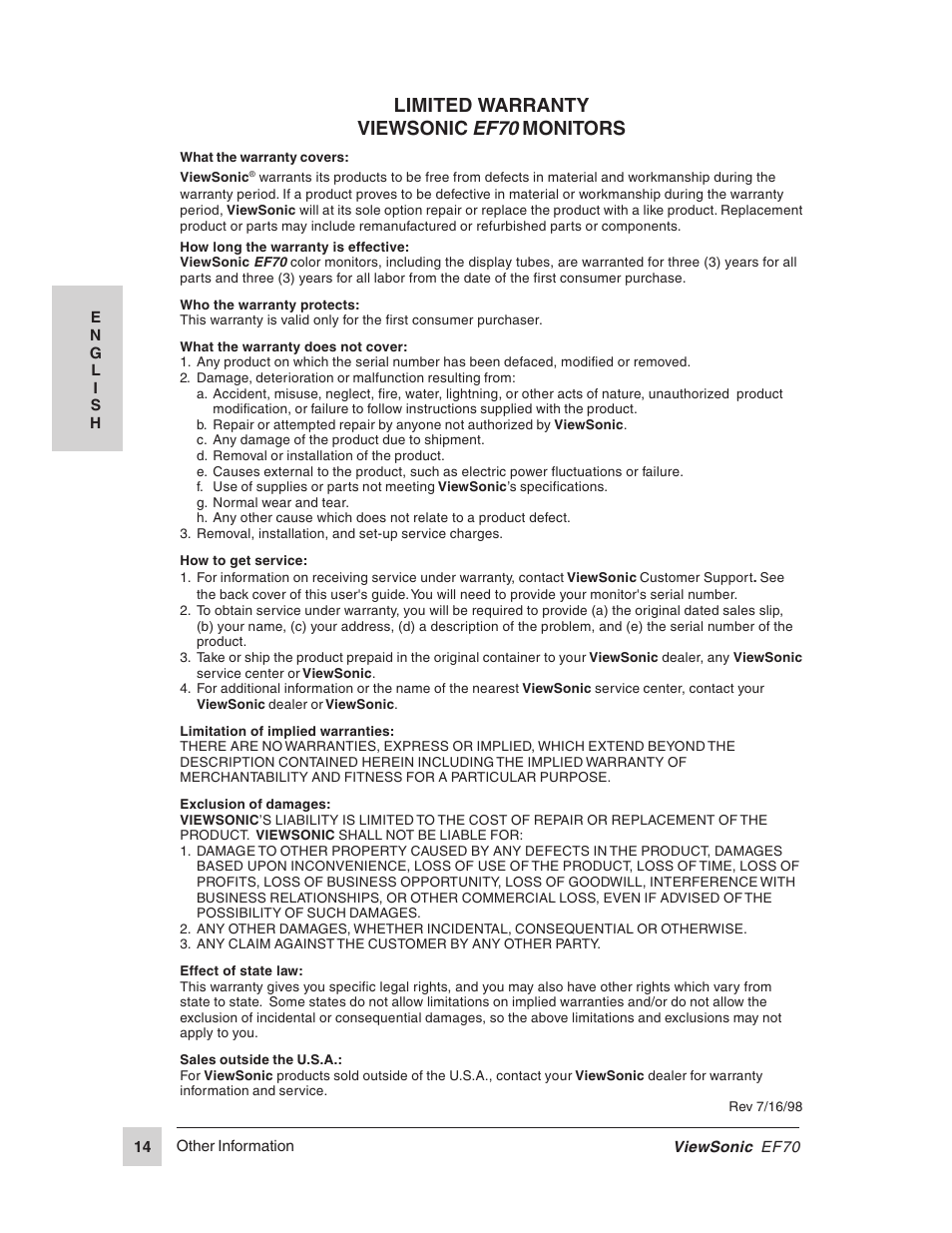 Limited warranty viewsonic ef70 monitors | VIEWSONIC EF70 User Manual | Page 15 / 16