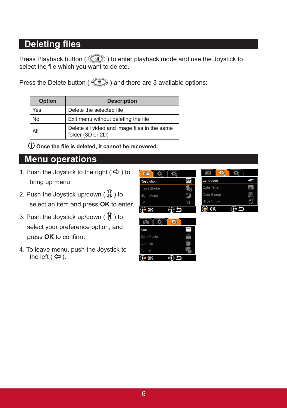 Menu operations, Deleting files | VIEWSONIC 3D SNAP 3DSC5 User Manual | Page 12 / 25