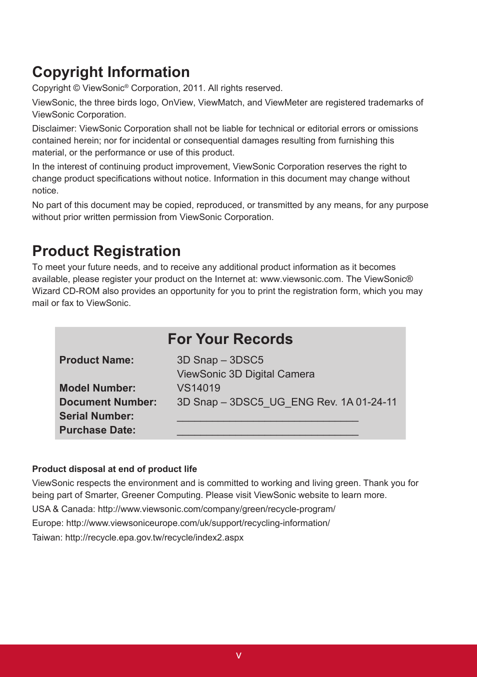 Copyright information, Product registration, For your records | VIEWSONIC 3D SNAP 3DSC5 User Manual | Page 6 / 25