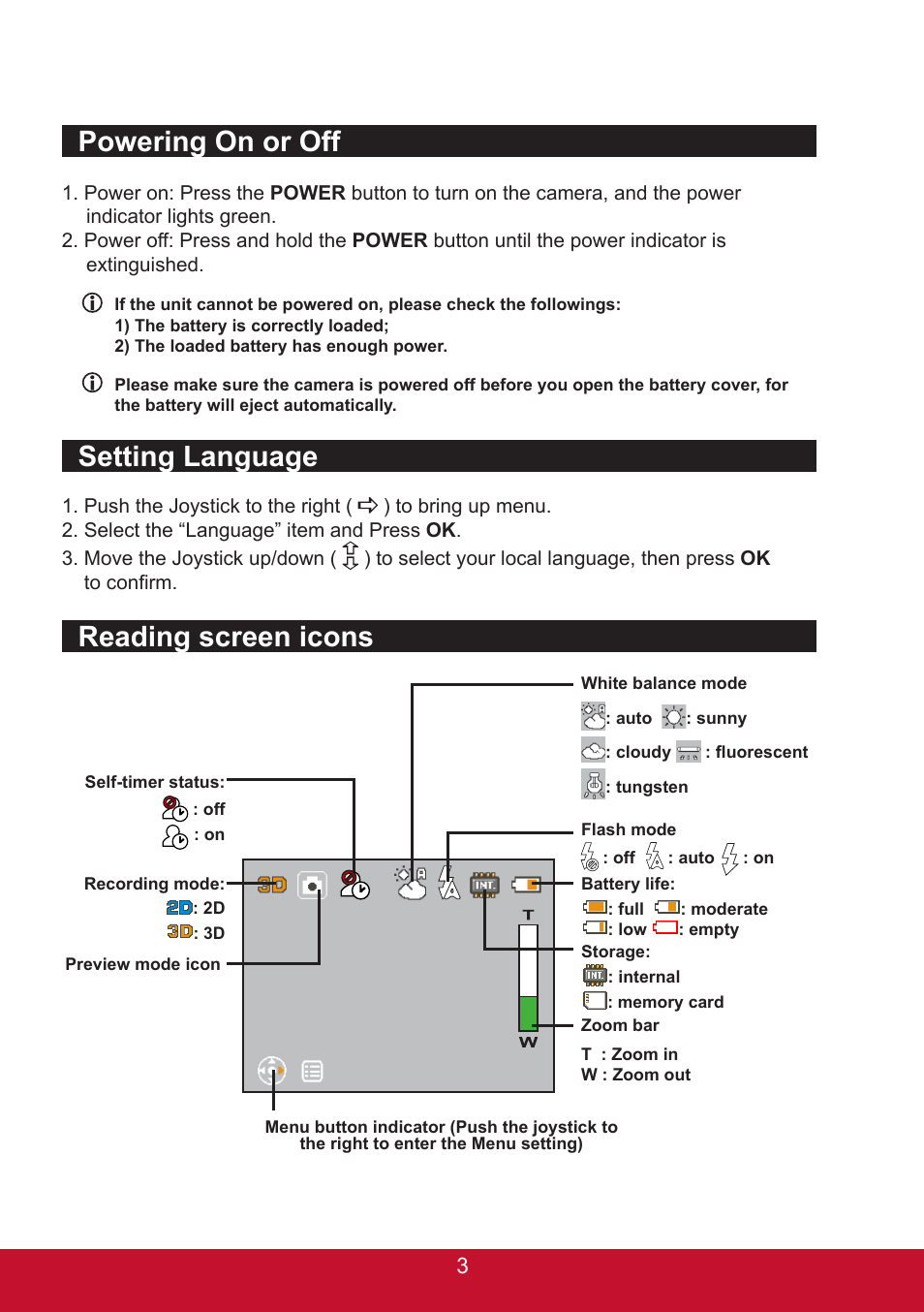 Powering on or off, Reading screen icons, Setting language | VIEWSONIC 3D SNAP 3DSC5 User Manual | Page 9 / 25