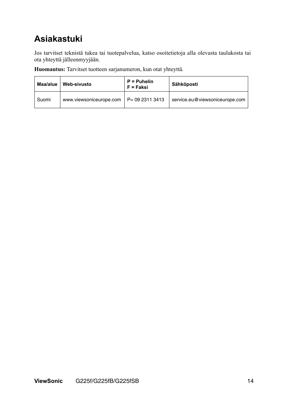Asiakastuki | VIEWSONIC G225F User Manual | Page 17 / 20