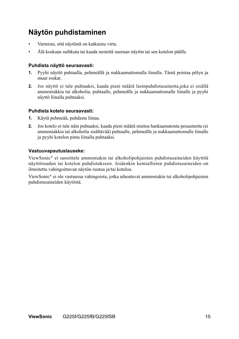 Näytön puhdistaminen | VIEWSONIC G225F User Manual | Page 18 / 20
