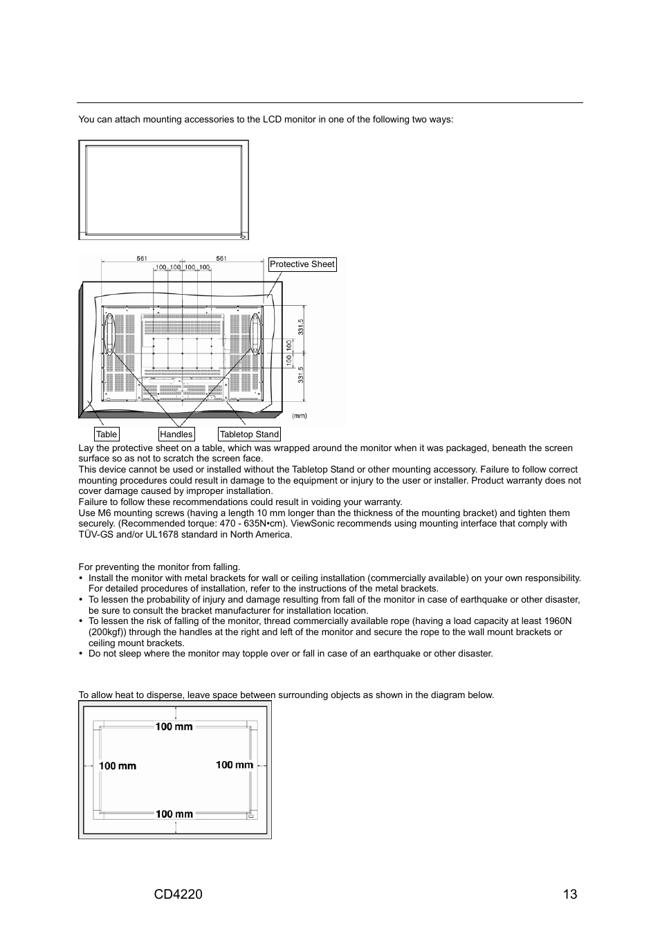 How to mount and attach options to the lcd monitor, Ventilation requirements for enclosure mounting | VIEWSONIC CD4220 User Manual | Page 15 / 58