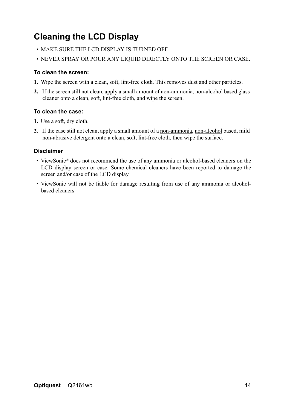 Cleaning the lcd display | VIEWSONIC Optiquest Q2161WB User Manual | Page 16 / 21