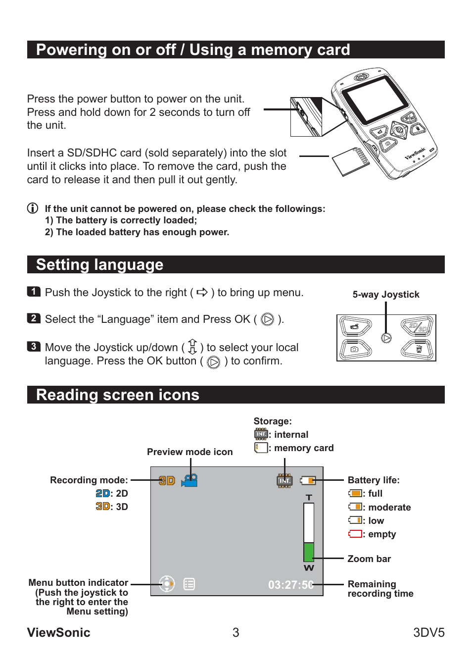 Reading screen icons, Setting language, Viewsonic 3 3dv5 | VIEWSONIC VS13782 User Manual | Page 8 / 25